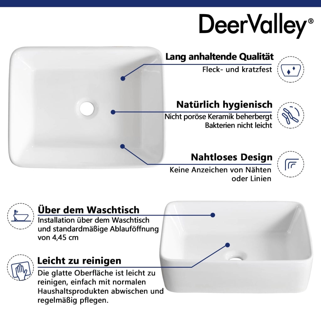 Lavabo da appoggio, forma quadrata, 480x375 mm, Vetroceramica, bianco