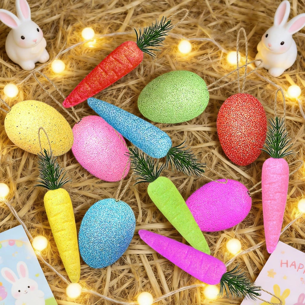 Uova di Pasqua e carote in schiuma, 12 pezzi, da appendere