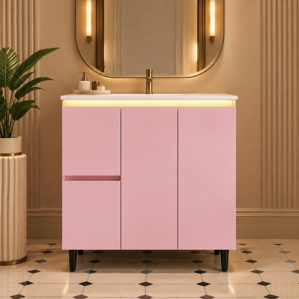 Mobile lavabo da bagno rosa 76 x 47 x 89 cm con lavabo in ceramica e luce LED