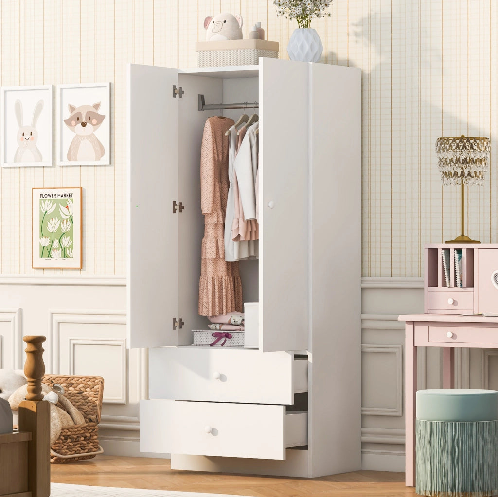 Armadio bianco e rosa con due cassetti, 70 x 40 x 170 cm