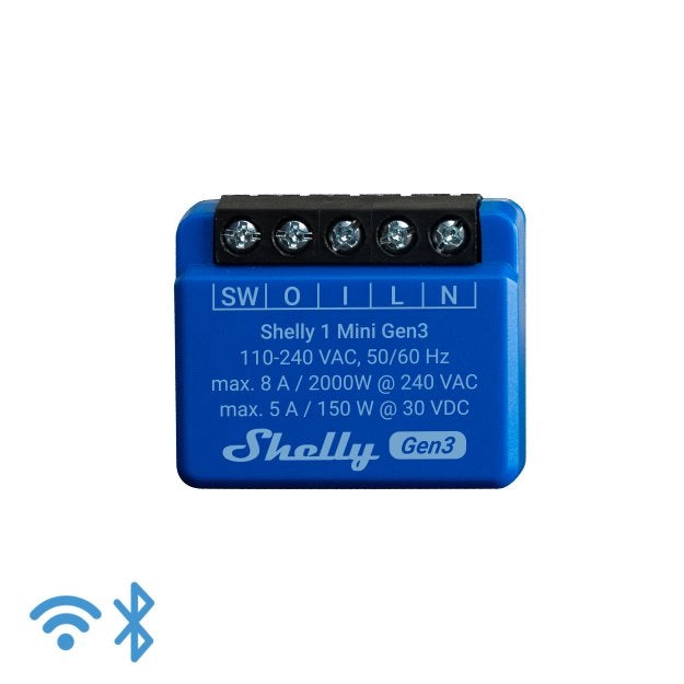 Shelly 1 Mini Gen 3. Relè WiFi e Bluetooth. 1 Canale 8A. automatizzazione di luci e pulsanti. Contatti a Secco