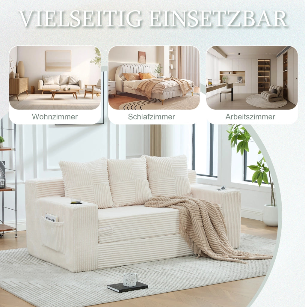 Divano modulare beige in velluto a coste con portabicchieri