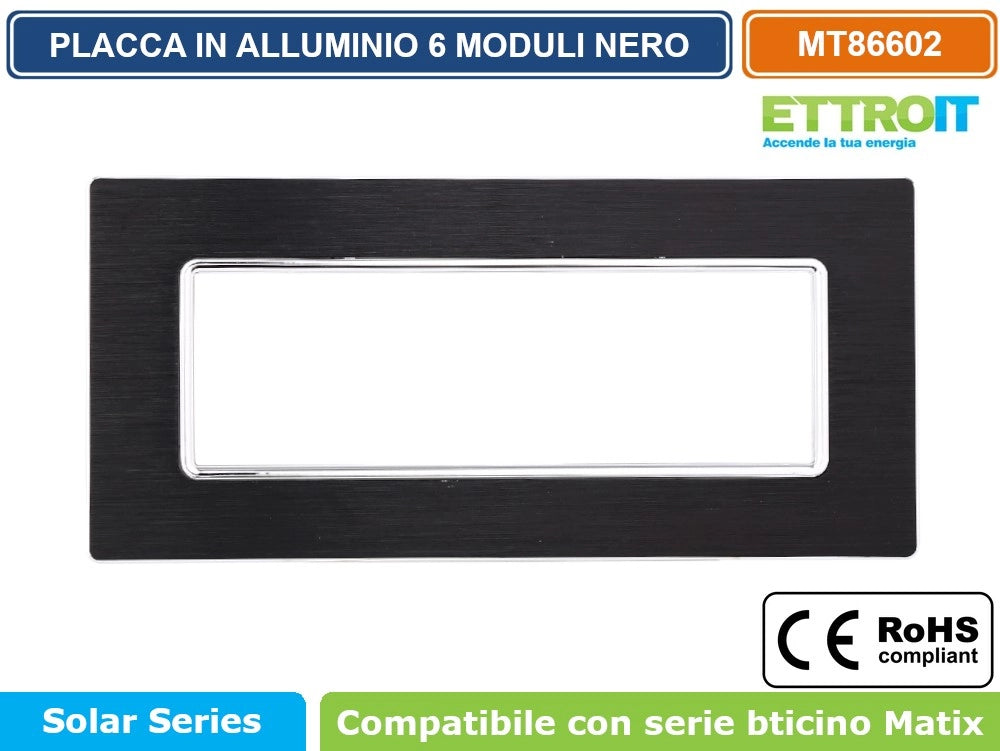 ETTROIT PLACCA IN ALLUMINIO DI COLORE NERO COMPATIBILE CON SERIE BTICINO MATIX - Numero Moduli:2 Moduli