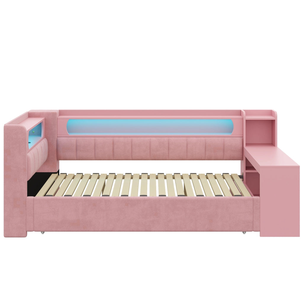 Letto singolo estraibile con scrivania LED USB in MDF compensato e lino rosa