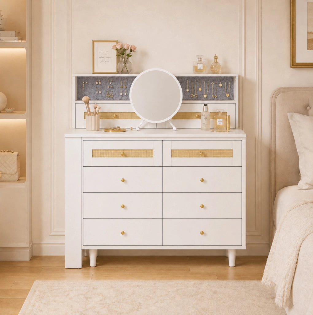 Toeletta bianca in MDF con specchio, 10 cassetti e piano in vetro