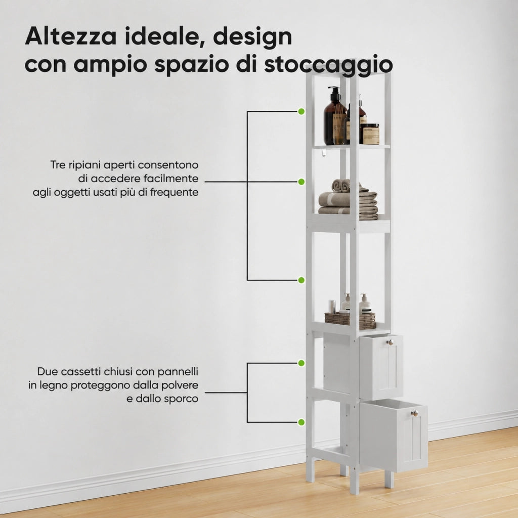 Colonna bagno 20 x 30 x 160 cm; stretta da terra con 2 cassetti e 3 ripiani aperti; MDF; bianco