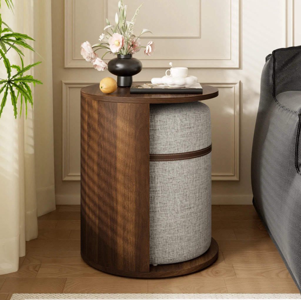 Set tavolino rotondo con pouf integrato 38x38x47;5 cm in MDF e pino; noce