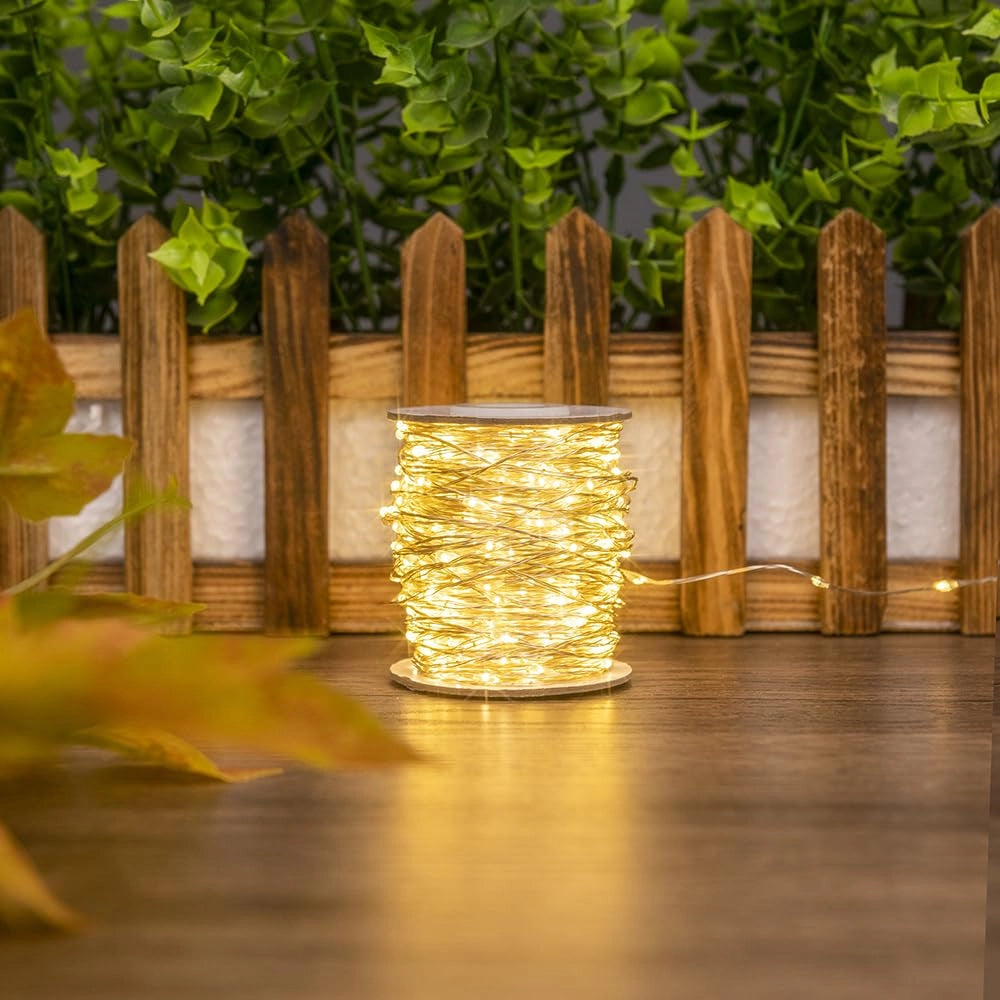 Catena luminosa a LED, lunghezza 30,5 metri, 600 LED bianco caldo, con telecomando
