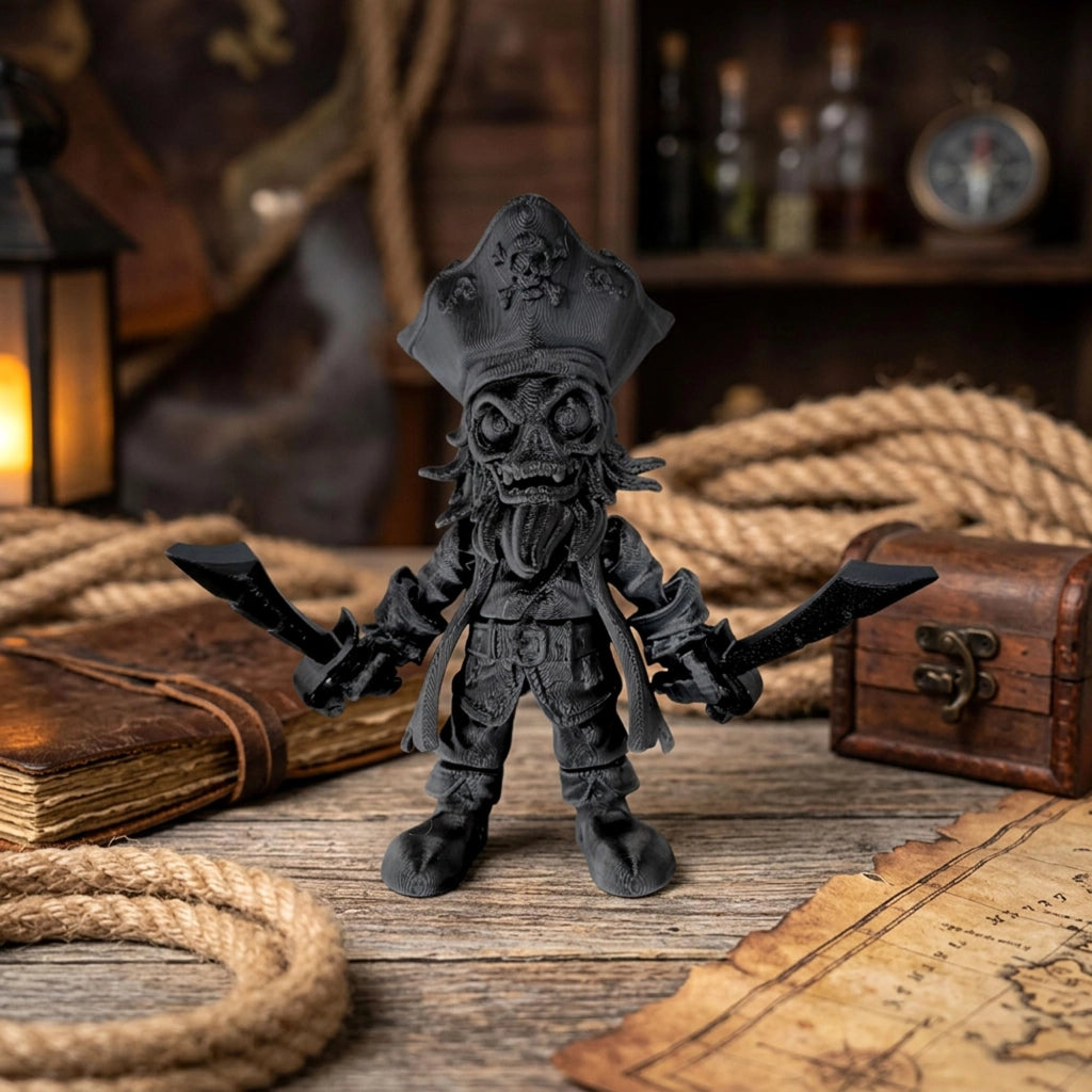 Figura di uno scheletro di pirata stampata in 3D, con spade, altezza 11 cm