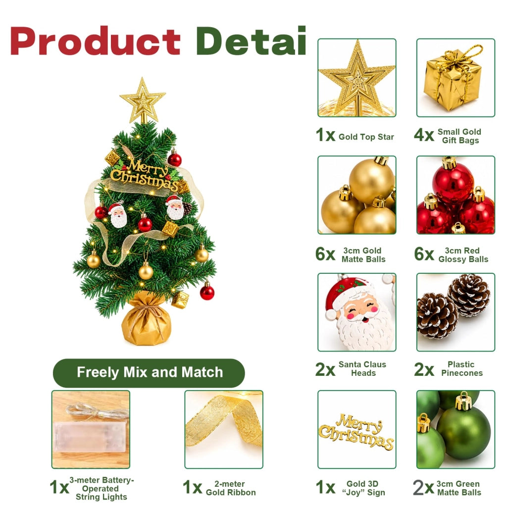 Albero di Natale artificiale, verde, decorato, altezza 44 cm
