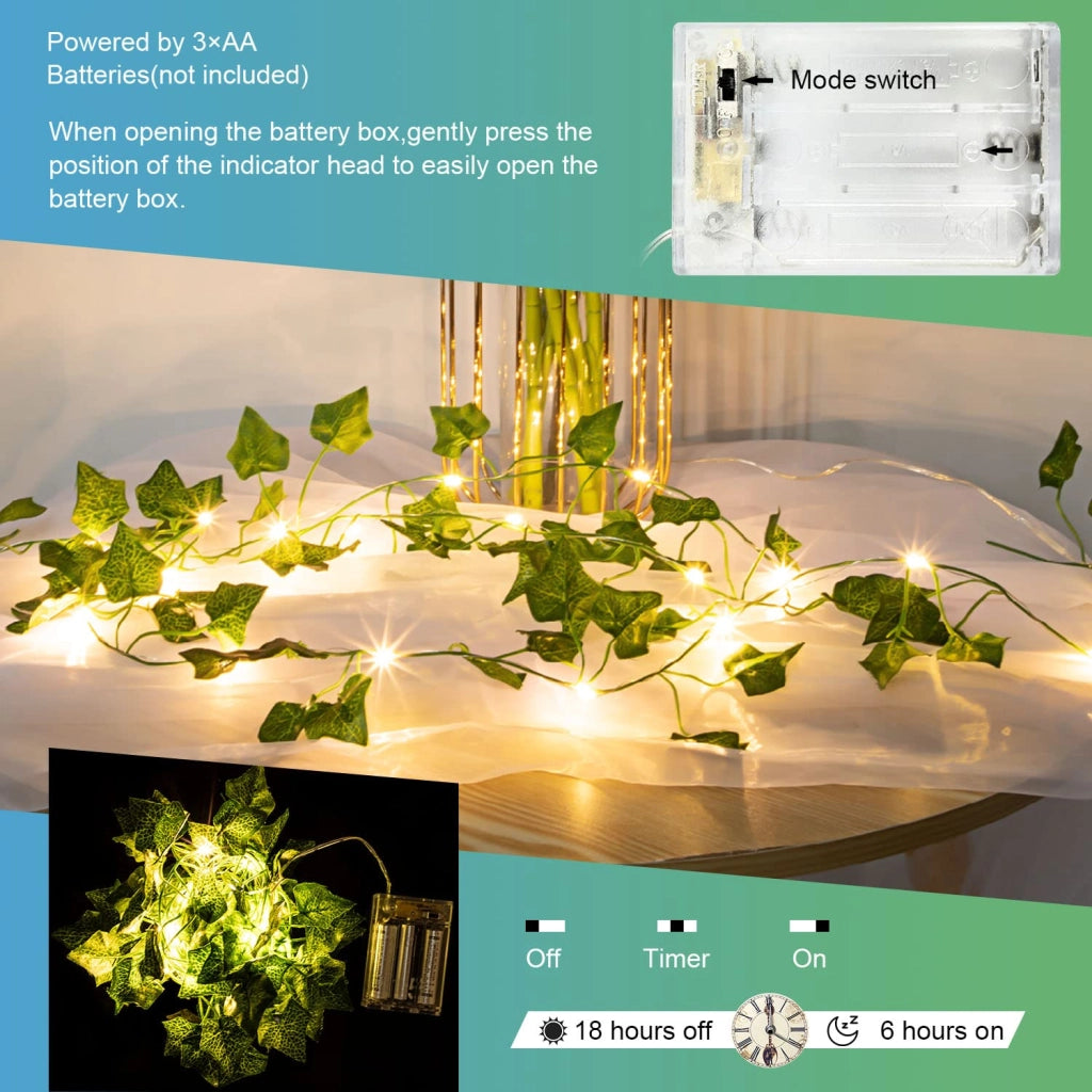 Ghirlanda di edera artificiale con 20 luci a LED, timer, 2 metri, luce bianco caldo