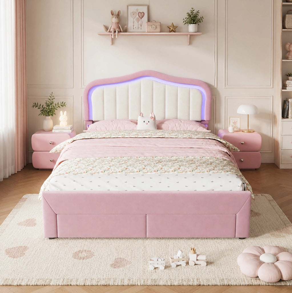 Letto imbottito 140 x 200 cm rosa con 2 cassetti e LED