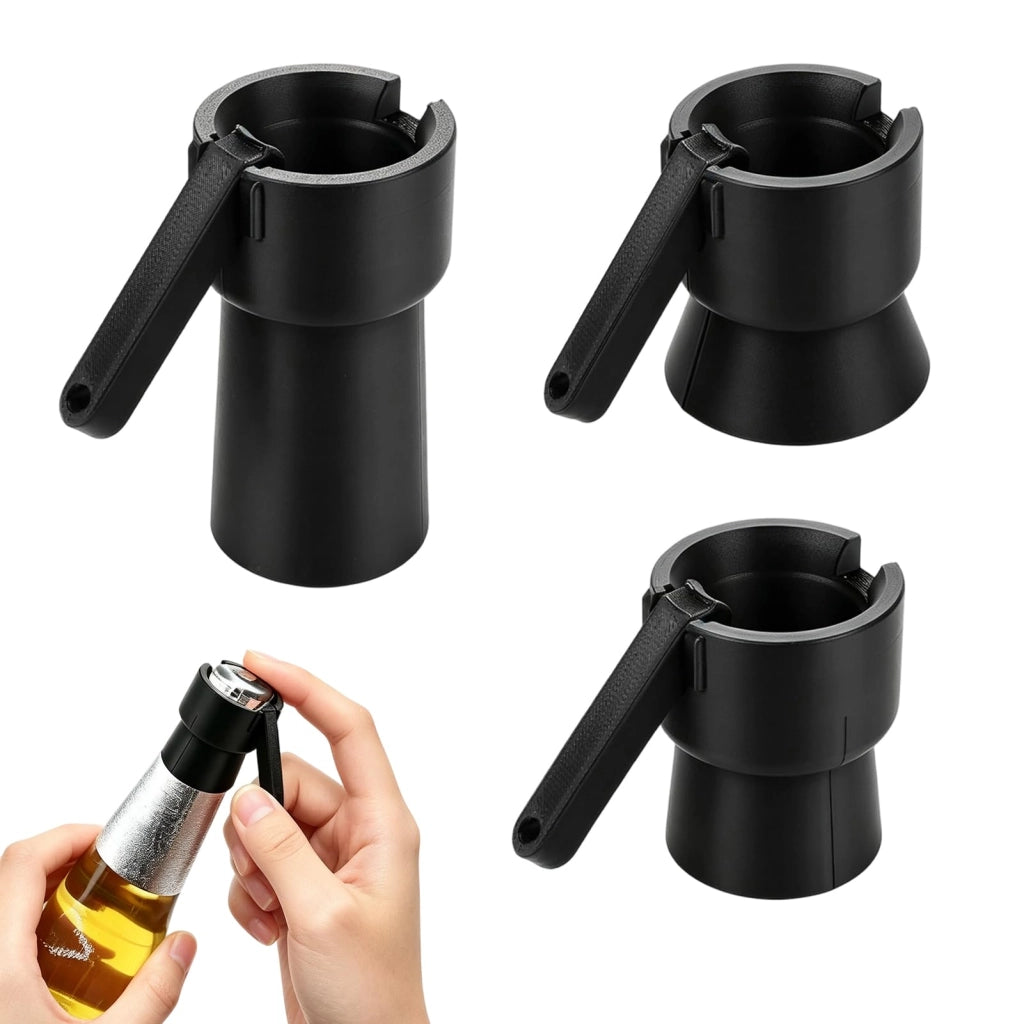 Apribottiglie a tre pezzi con meccanismo di espulsione, colore nero, in plastica
