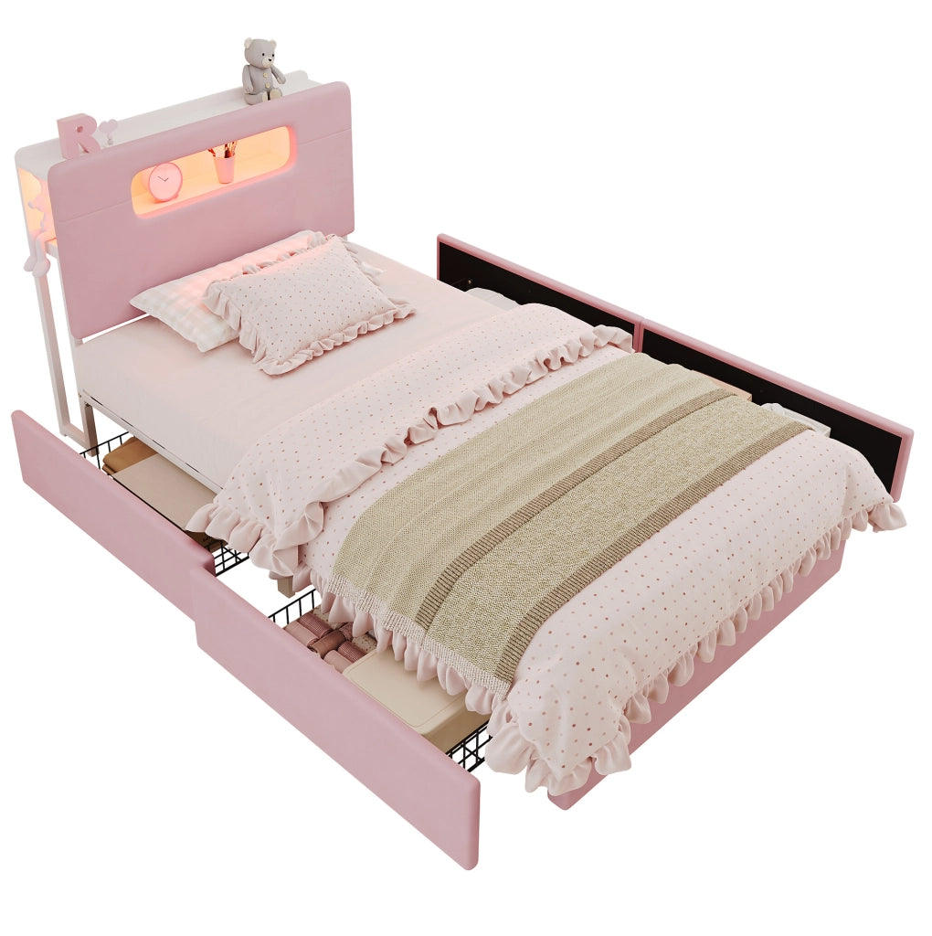 Letto singolo imbottito rosa 90 x 200 cm con 4 cassetti e LED