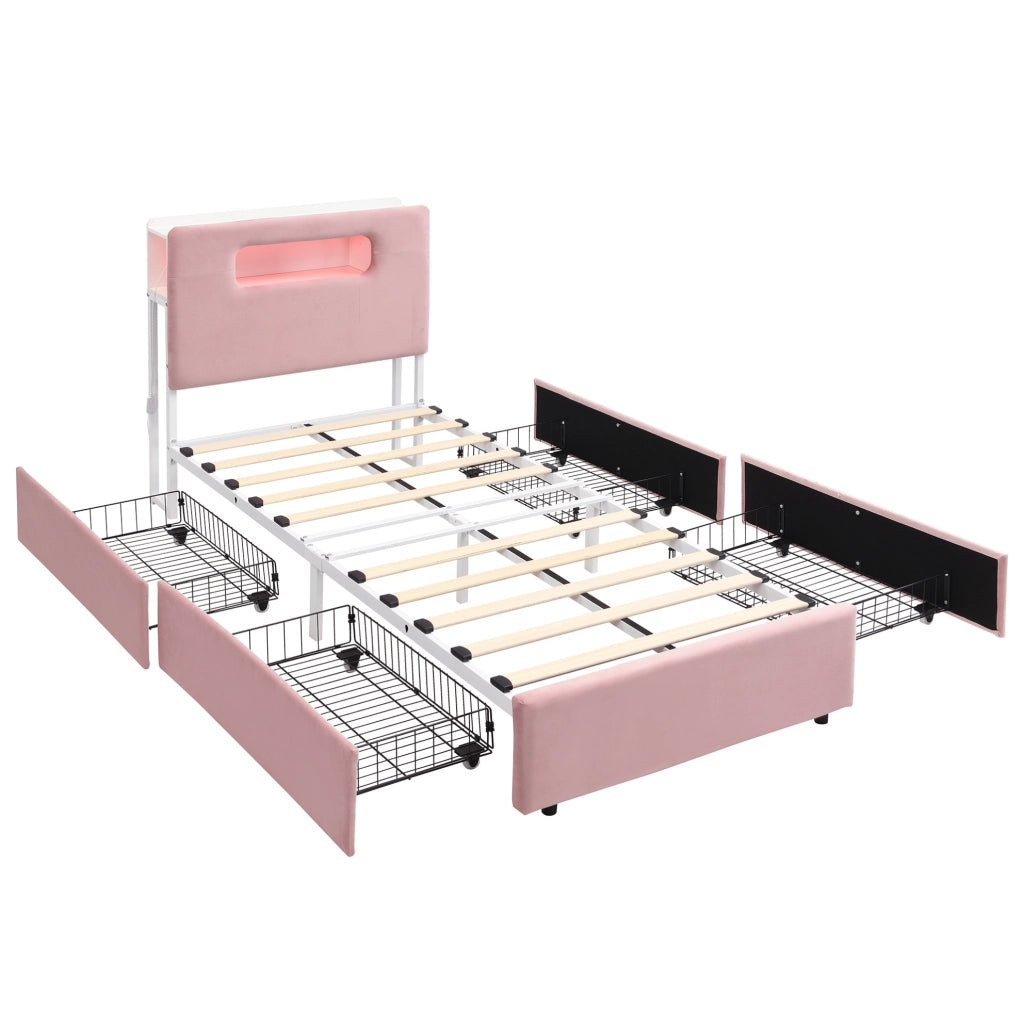 Letto imbottito per bambini 90x200 cm rosa con LED e cassetti