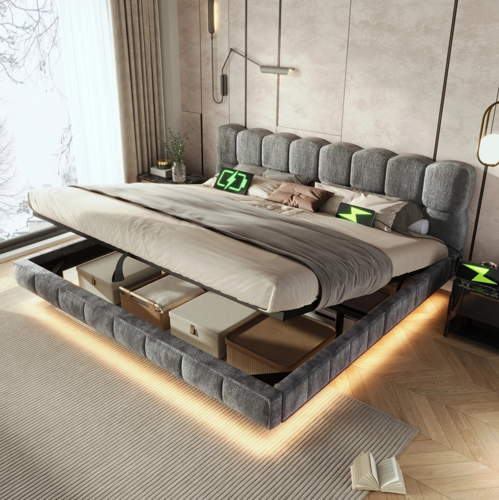 Letto matrimoniale contenitore 180x200 cm in ciniglia grigio con LED e USB