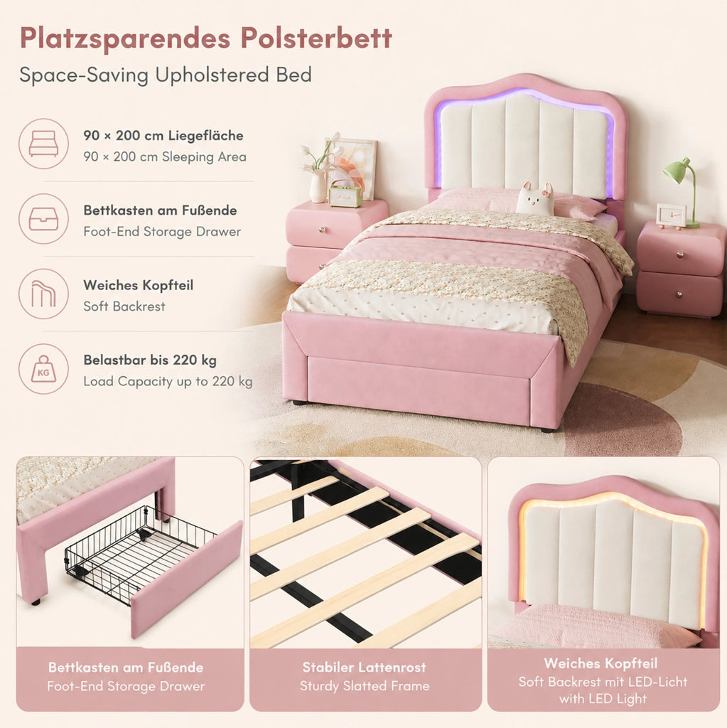 Letto singolo imbottito rosa 90 x 200 cm con cassetto e LED
