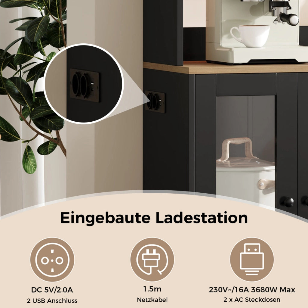 Mobile dispensa da cucina nero e naturale con LED e prese, 150 cm