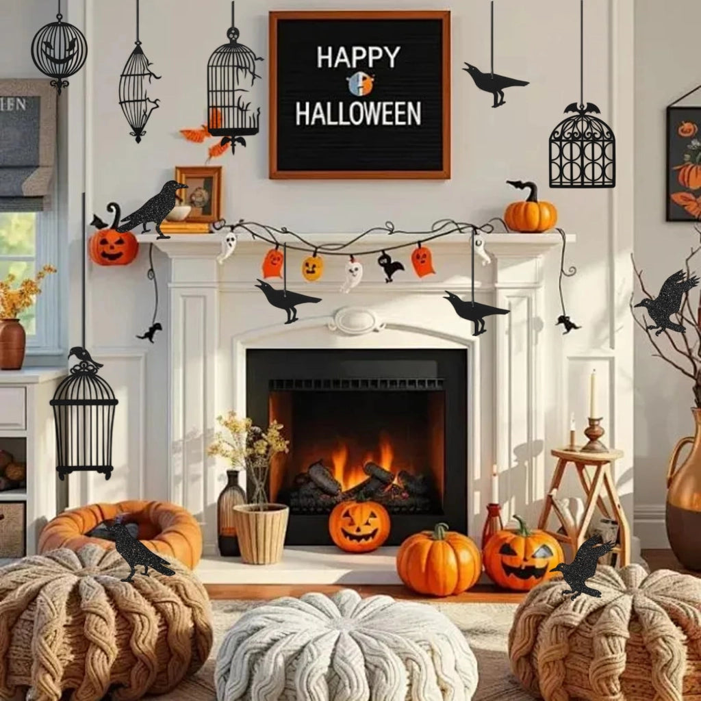 Set di decorazioni a tema Halloween da appendere, composto da 24 pezzi, con corvi neri e gabbie