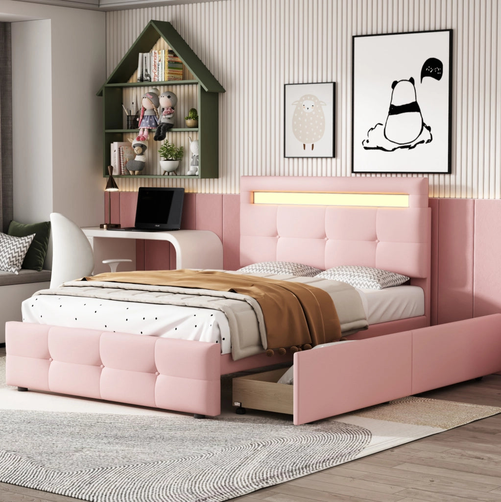 Letto contenitore per bambini 90x200 cm con testiera regolabile, rete a doghe e LED in tessuto rosa, per cameretta, senza materasso