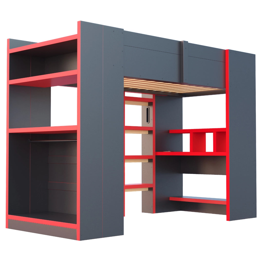 Letto a soppalco 90x200 cm con scrivania, LED e prese in pino, compensato e MDF nero e rosso