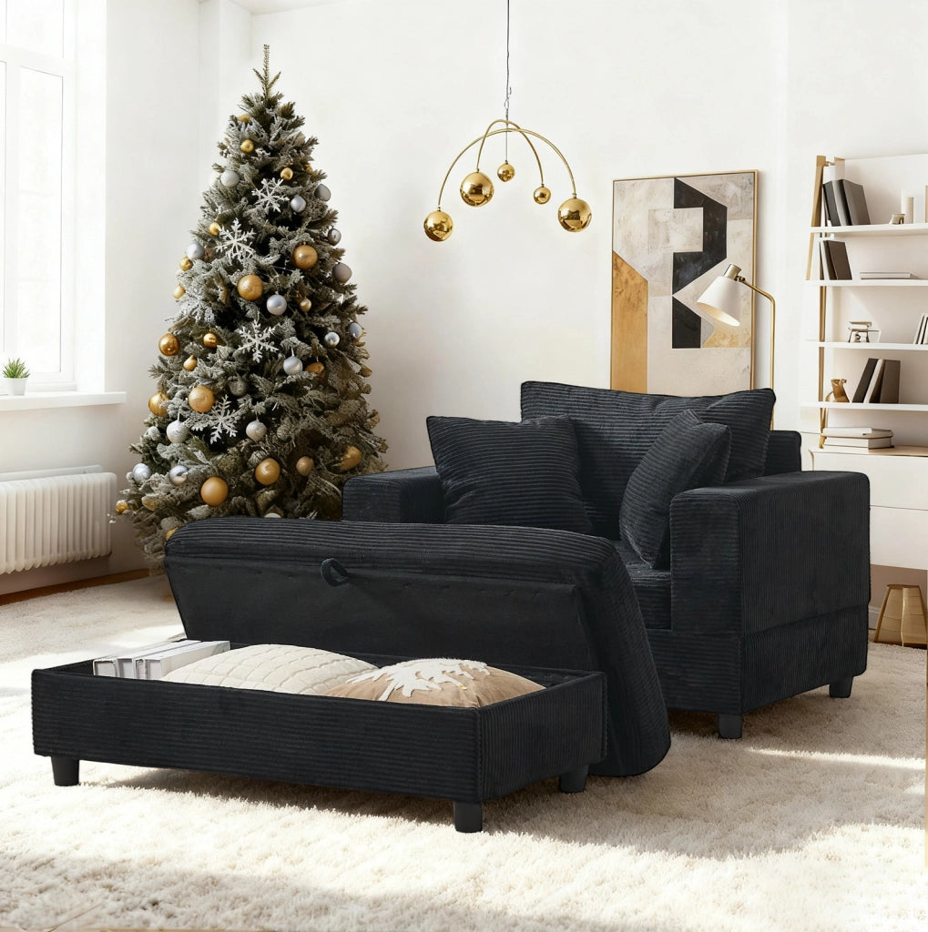 Chaise longue nera con vano contenitore e rivestimento a coste