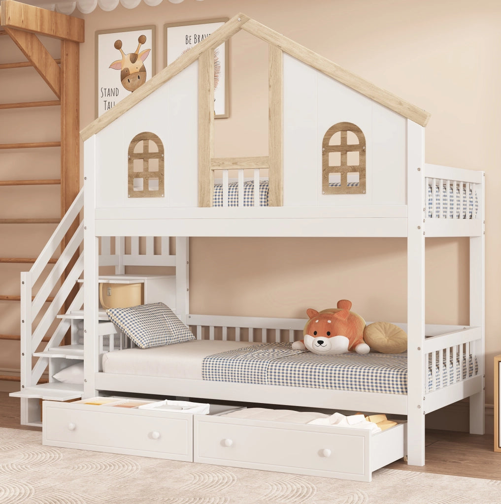Letto a castello bambini 90x200 cm con scala contenitore