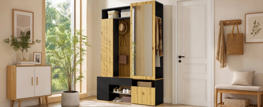 Mobile da ingresso in MDF con specchio e scarpiera nero e naturale