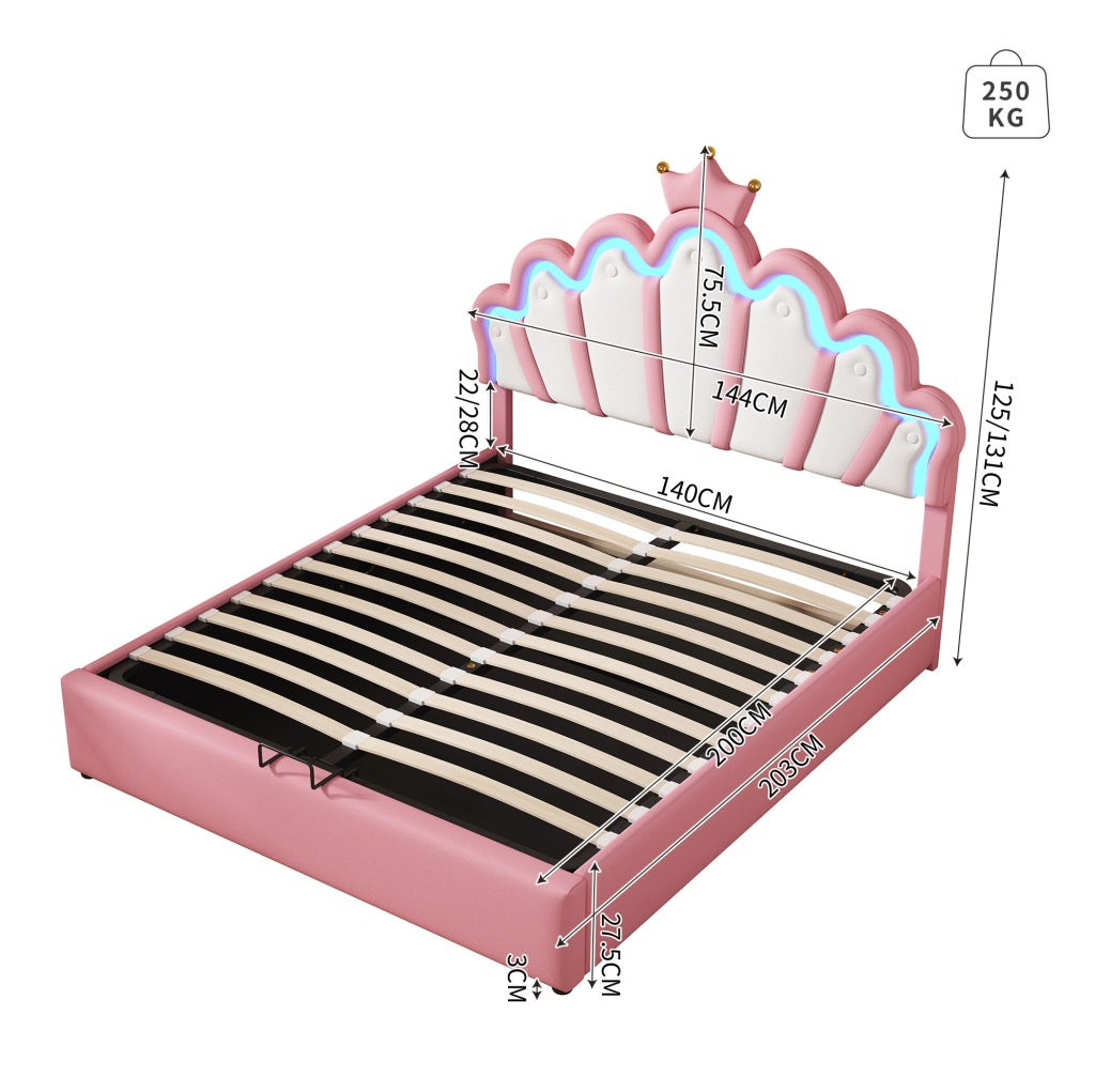 Letto contenitore imbottito 140 x 200 cm rosa con LED e corona