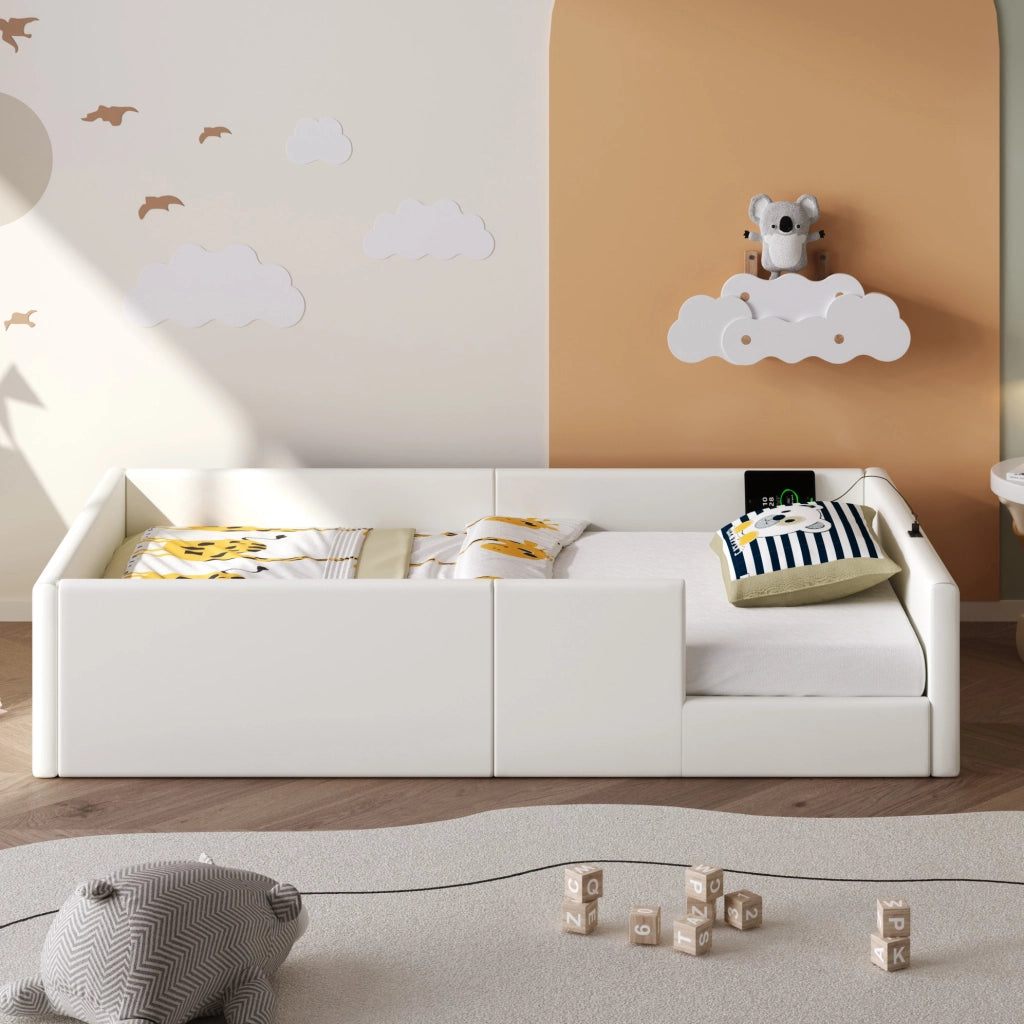 Letto piattaforma imbottito 90x200 cm con protezione e stazione di ricarica, bianco