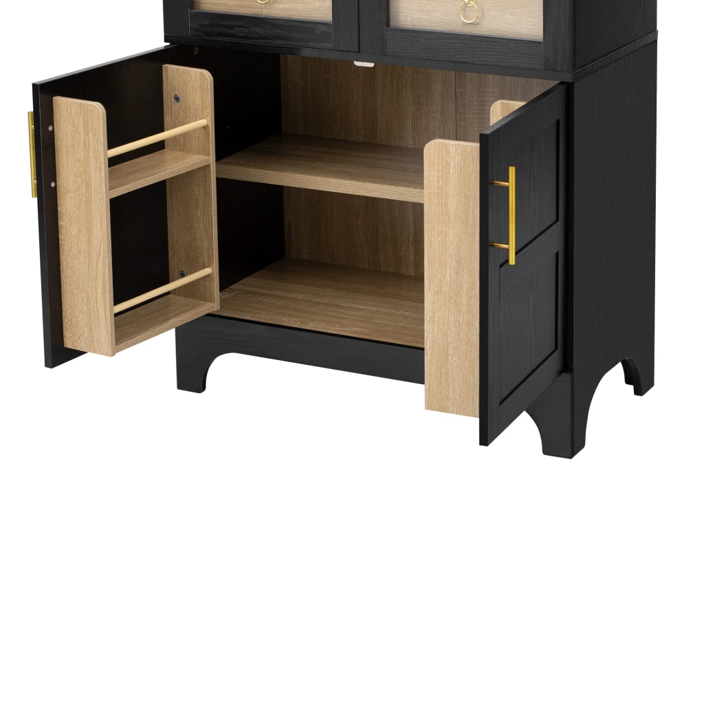 Credenza alta nera con vetro scanalato, ripiani regolabili e cassetti