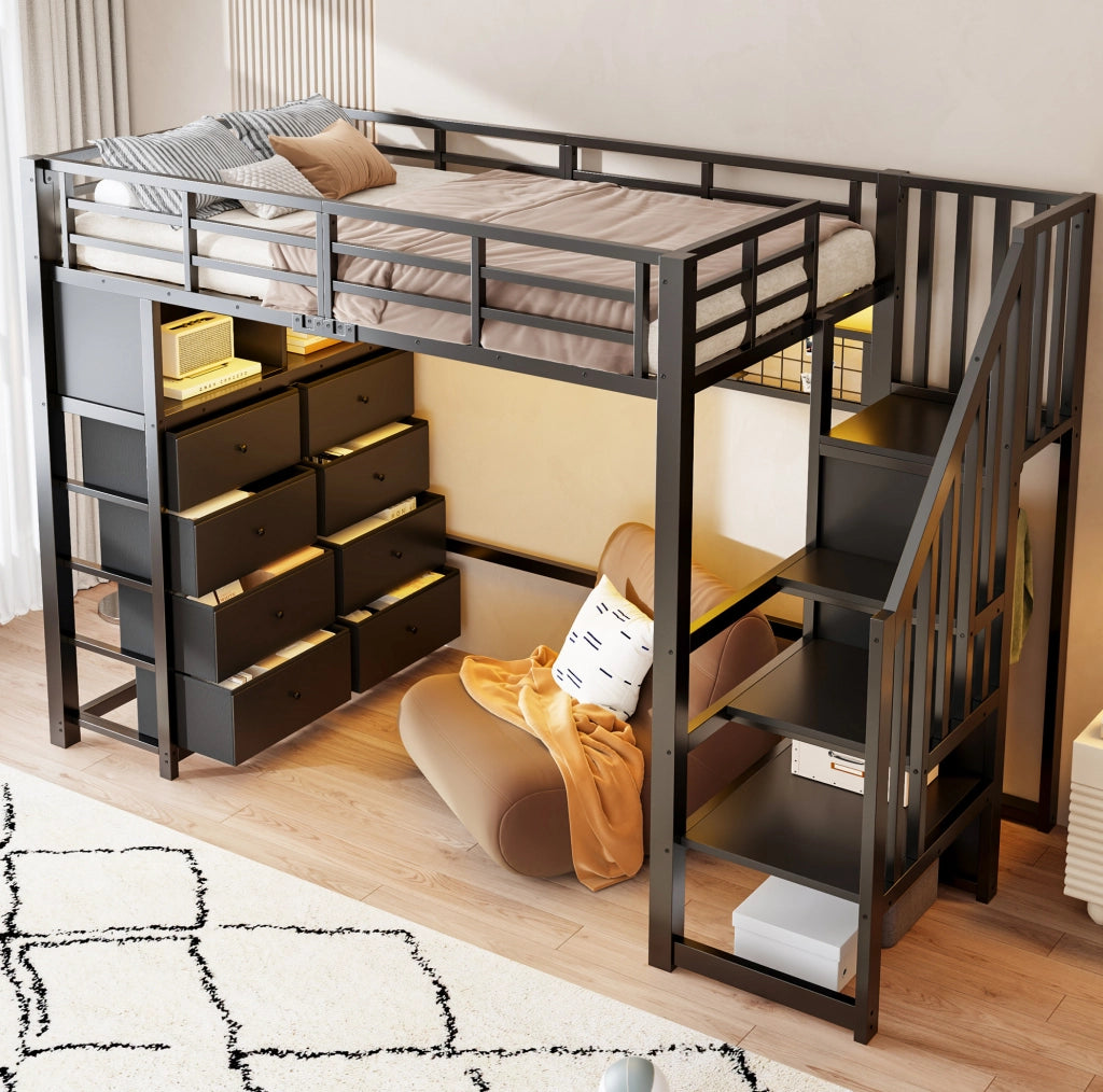 Letto a soppalco 90 x 200 cm nero con 8 cassetti, scala contenitore e illuminazione