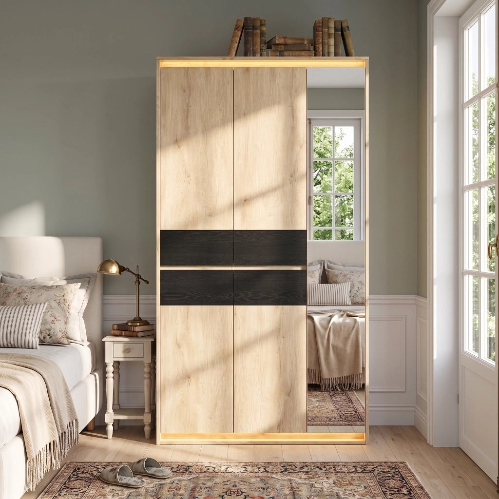 Armadio con specchio e illuminazione LED in MDF naturale