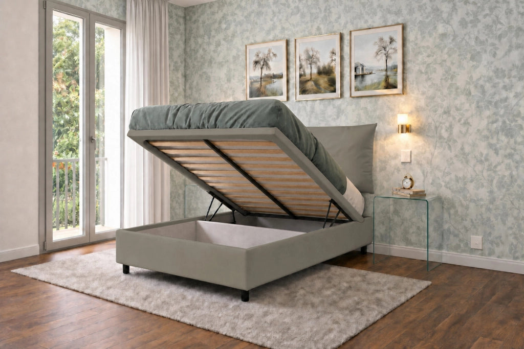 Letto 1 Piazza e Mezza Contenitore Imbottito 120x200 cm Similpelle Cappuccino Boxmax Testata Soft