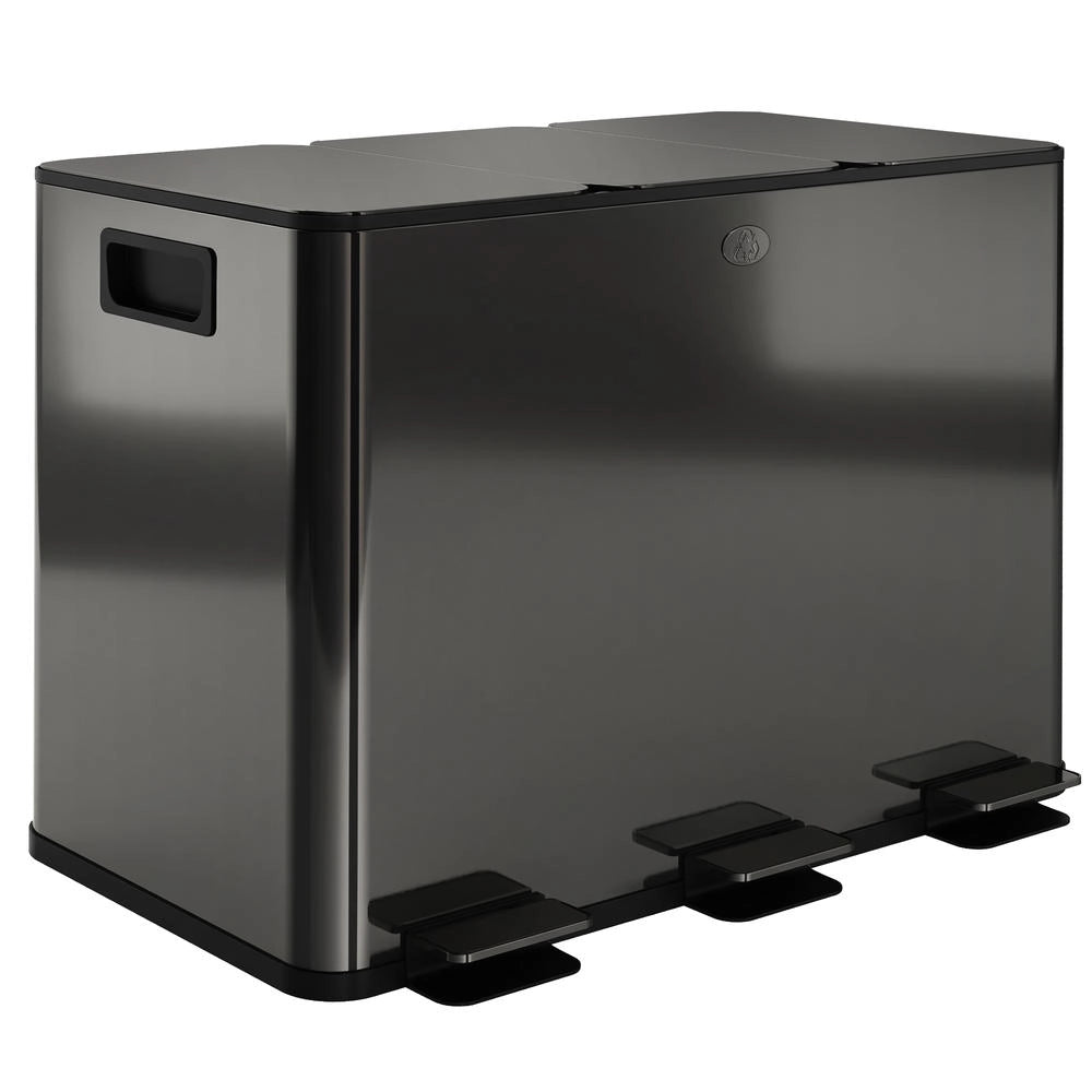 Pattumiera differenziata 3 scomparti a pedale in acciaio inox nero, cestino per raccolta rifiuti con chiusura ammortizzata soft close per cucina