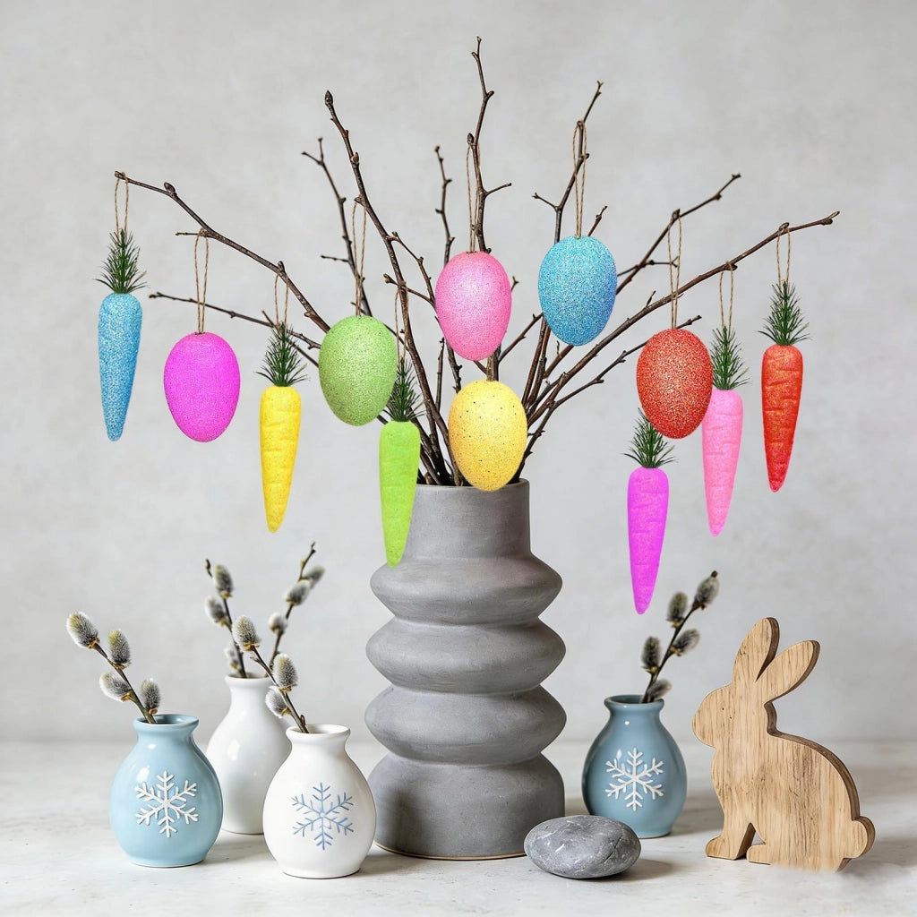 Uova di Pasqua e carote in schiuma, 12 pezzi, da appendere