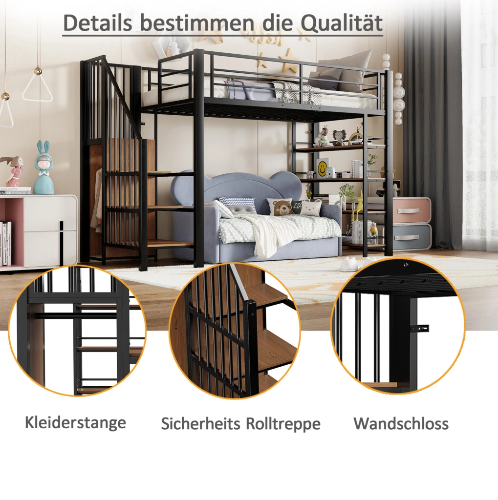 Letti a soppalco per bambini 90x200 cm con scala e armadio in metallo nero per cameretta, senza materasso