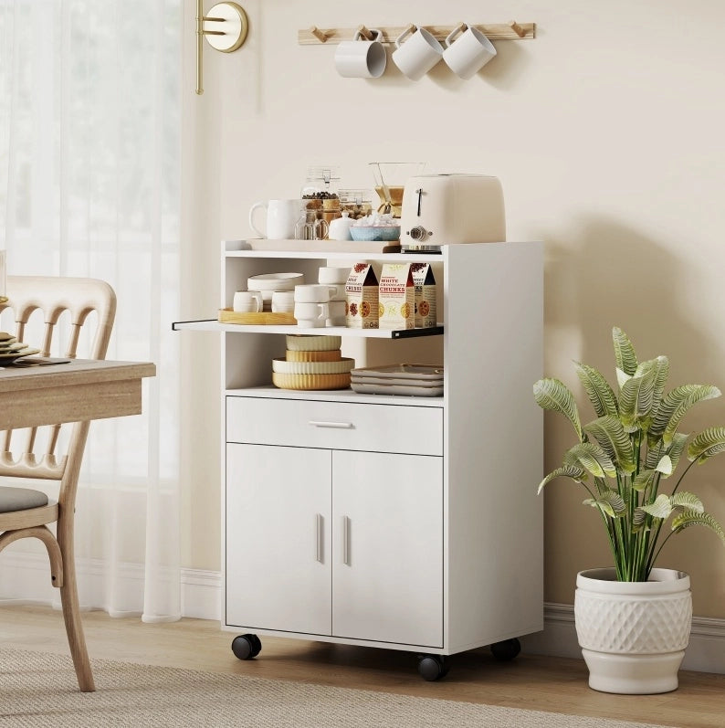 Mobile per microonde bianco in MDF con ruote e cassetto