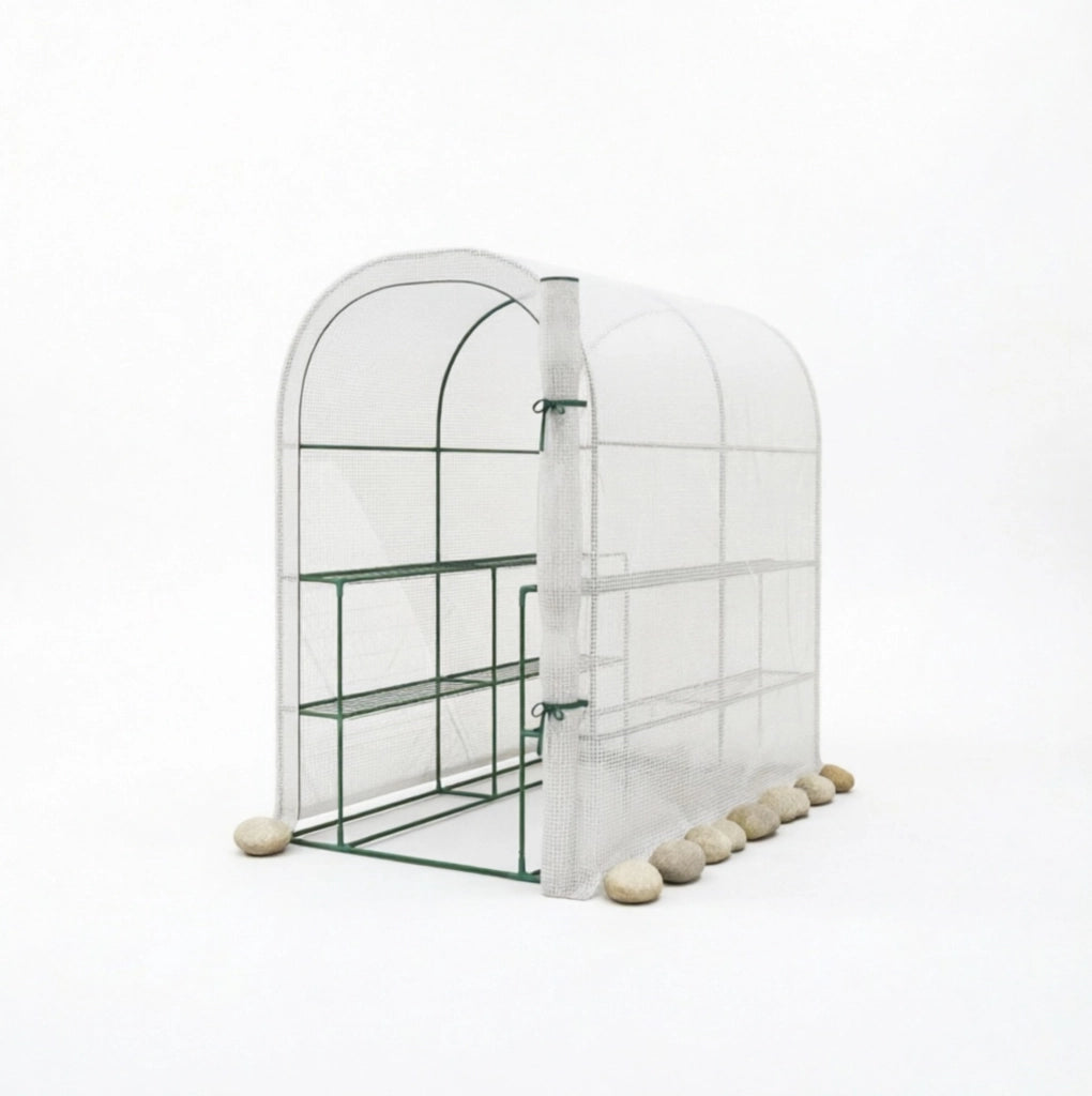 Serra da giardino bianca con scaffali su tre lati, 123 x 187 x 189 cm