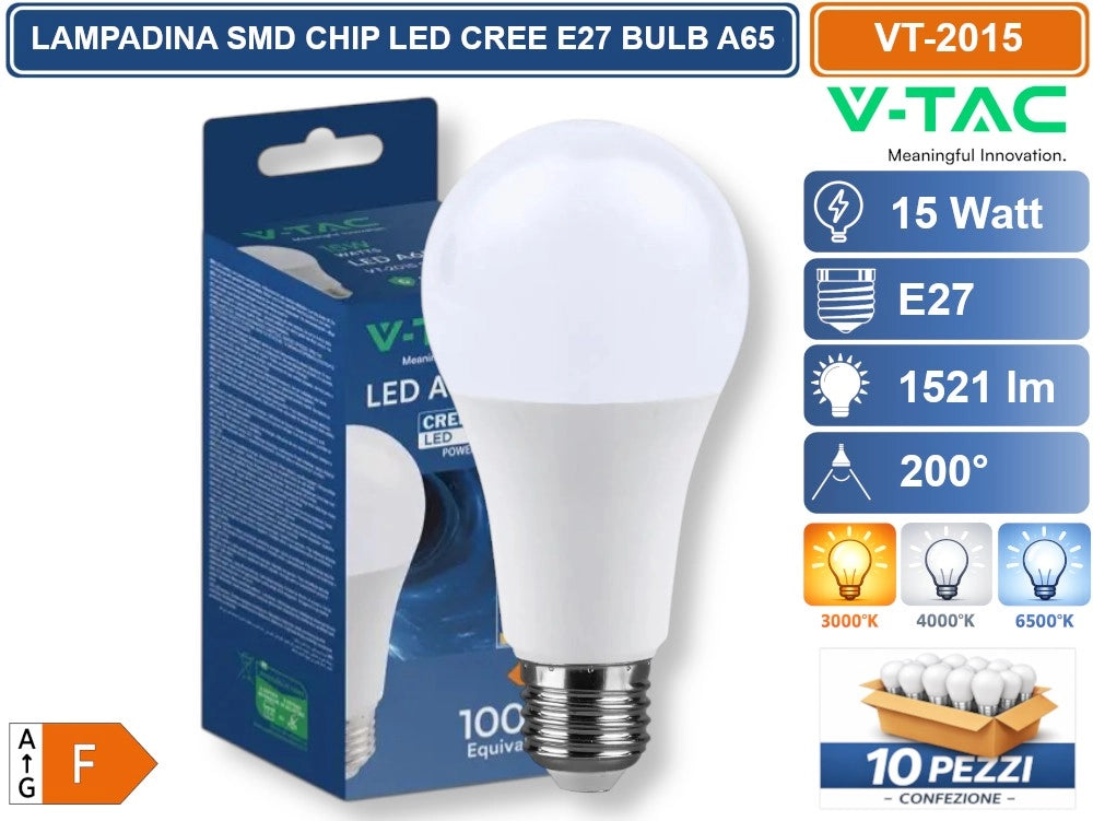 10 PEZZI V-TAC VT-2015 LAMPADINA LED E27 15W A65 GOCCIA SMD CHIP CREE TERMOPLASTICA - Colore Luce:Bianco Caldo