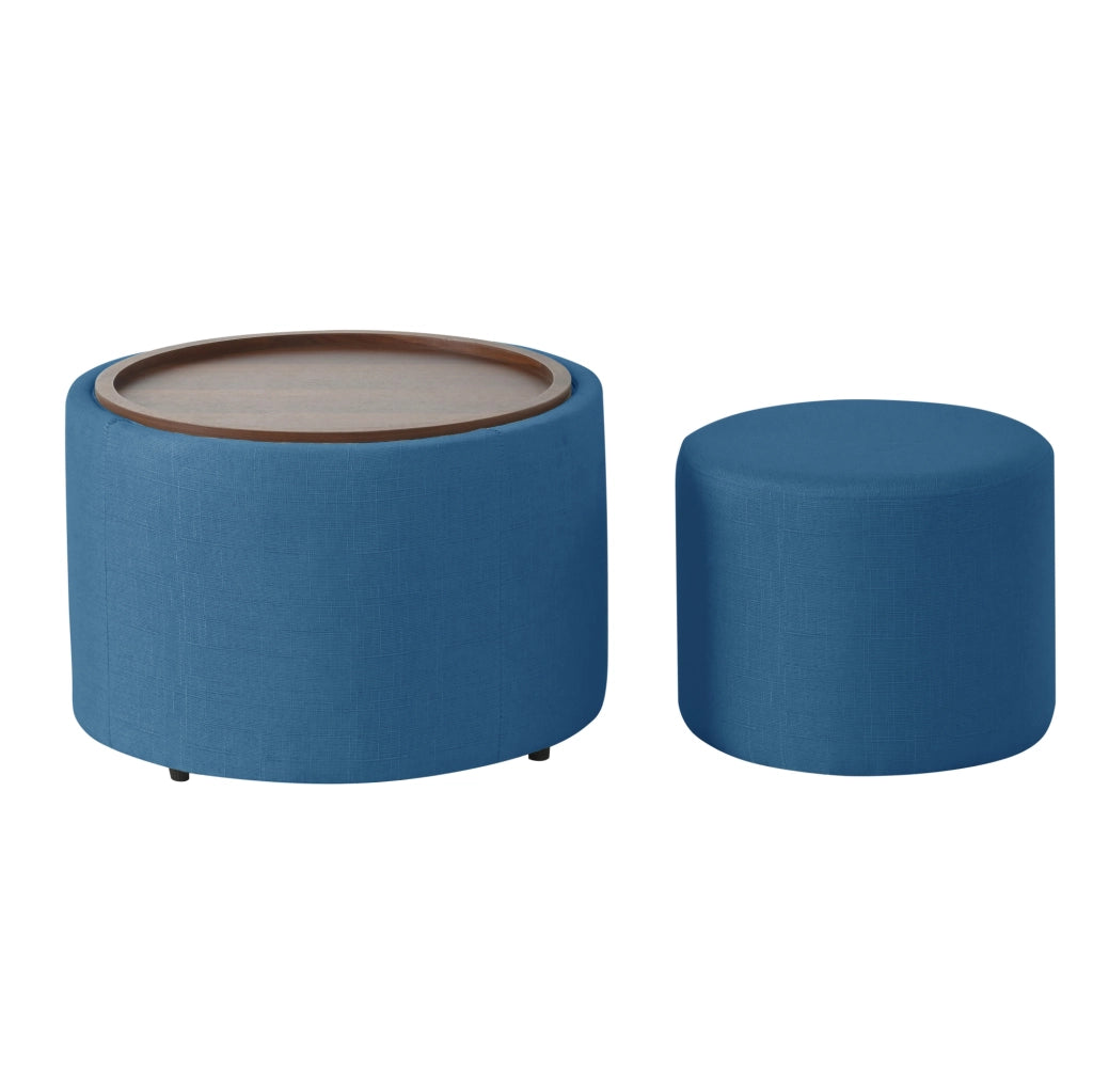 Pouf contenitore impilabili 58 cm blu in lino, piano in legno, set da 2
