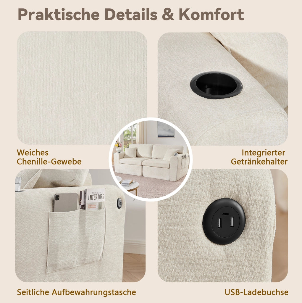 Divano relax 2 posti in ciniglia beige con USB e portabicchieri