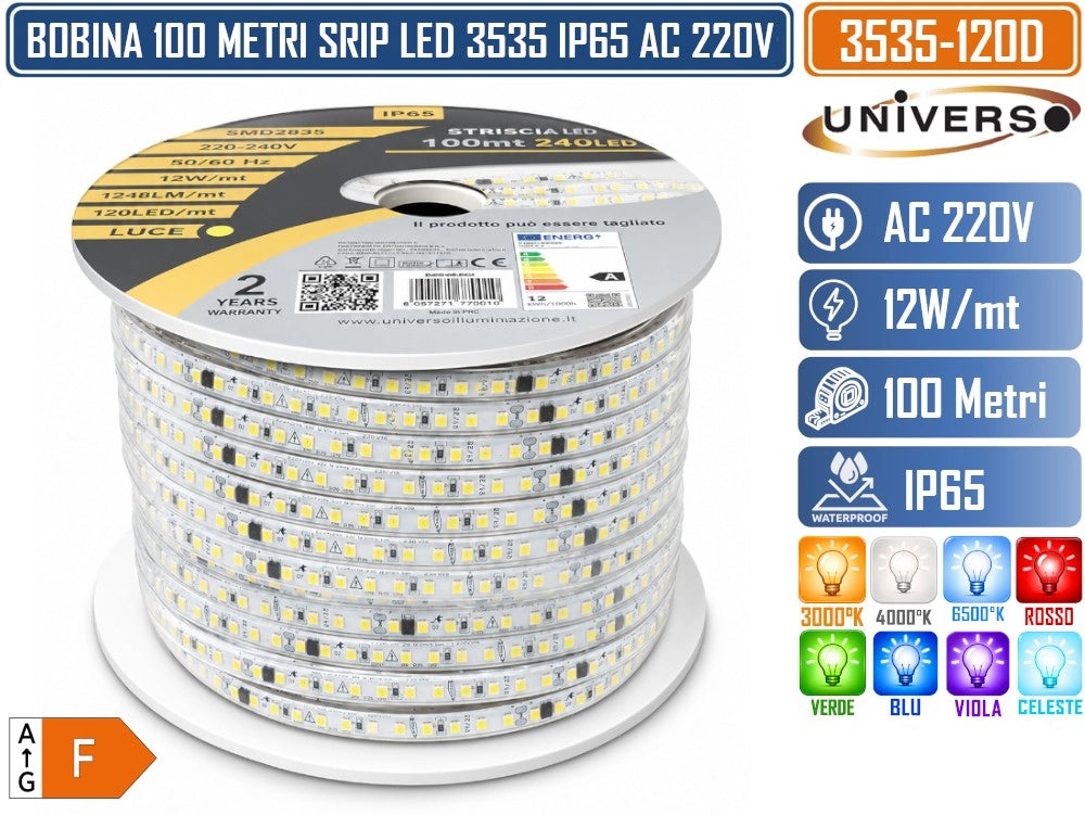 UNIVERSO 3535-120D BOBINA STRISCIA LED 220V IP65 100 METRI 120 LED/M 12W/M DA ESTERNO IP65– DISPONIBILE IN 3000K, 4000K, 6500K, ROSSO, VERDE, BLU, VIOLA E CELESTE - Colore Luce:Blu