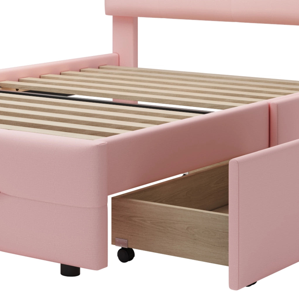 Letto contenitore per bambini 90x200 cm con testiera regolabile, rete a doghe e LED in tessuto rosa, per cameretta, senza materasso