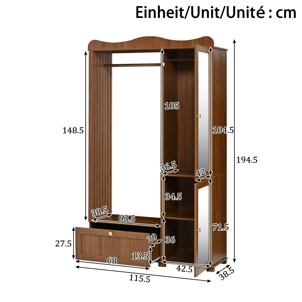Armadio guardaroba 115;5x38;5x194;5 cm con specchio e appendiabiti in MDF noce