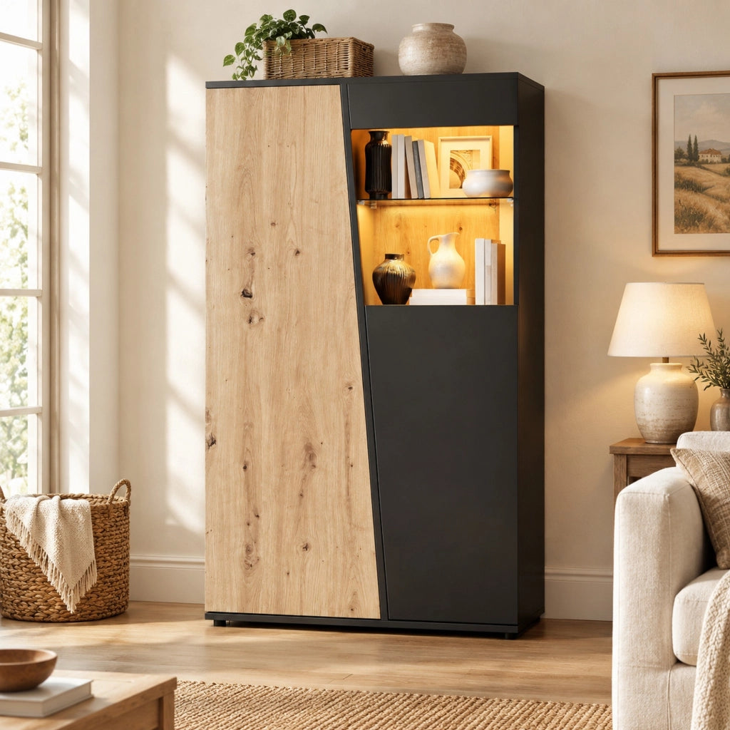 Vetrina a 2 ante con LED Bluetooth, 80 × 35 × 139,5 cm, nero e legno
