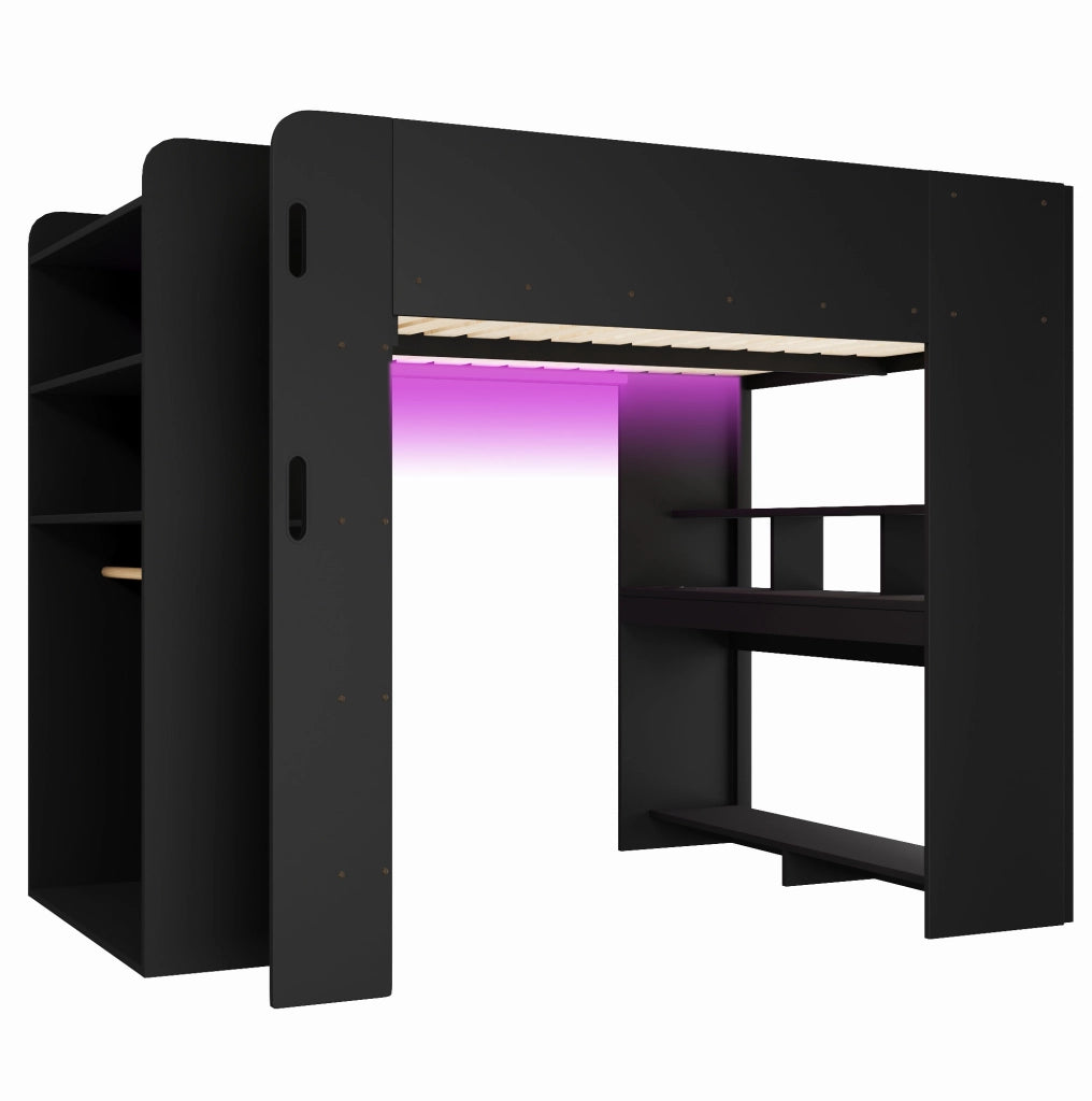 Letto a soppalco gaming 140x200 cm con scrivania, armadio e LED, nero