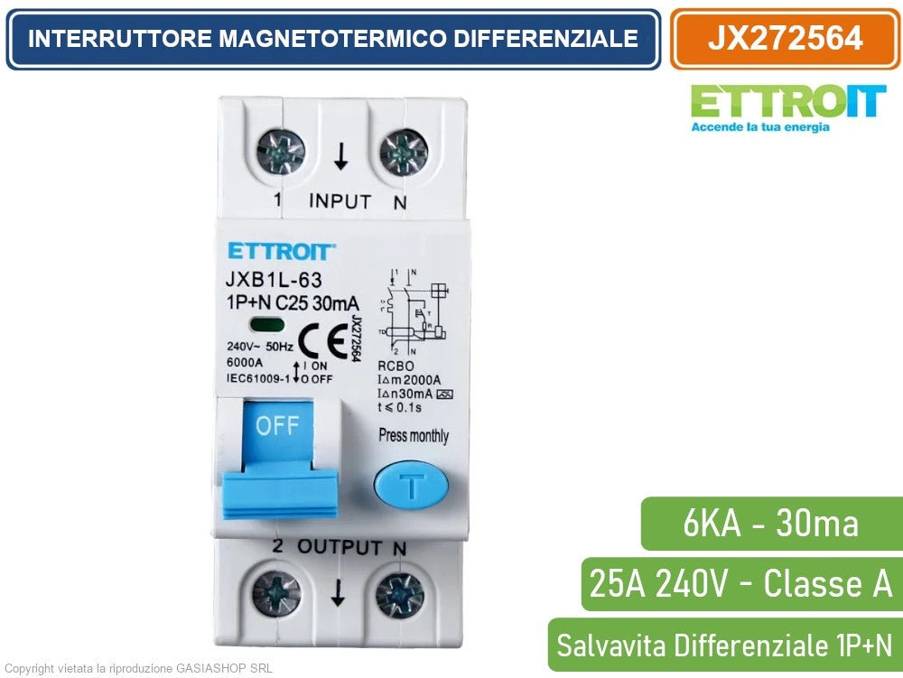 ETTROIT INTERRUTTORE MAGNETOTERMICO DIFFERENZIALE SALVAVITA PER BARRA DIN 2 MODULI 1P+N 25A C25 240V 30mA 6KA CLASSE A
