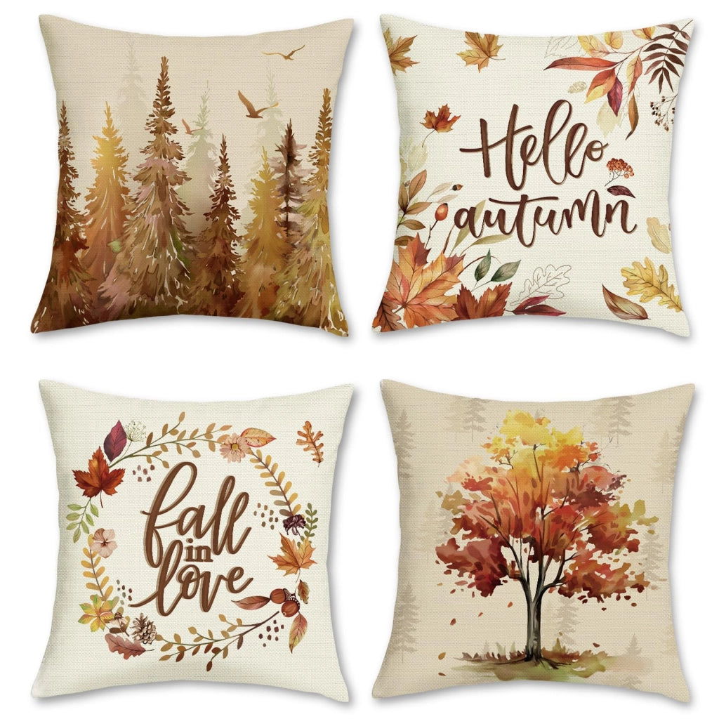 Set di 4 federe per cuscini, stile autunnale, 50x50 cm, in poliestere e lino