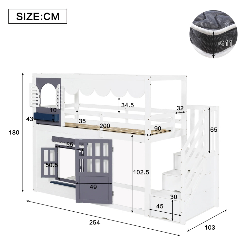 Letto rialzato per bambini 90x200 cm a casetta bianco e blu con scala contenitore